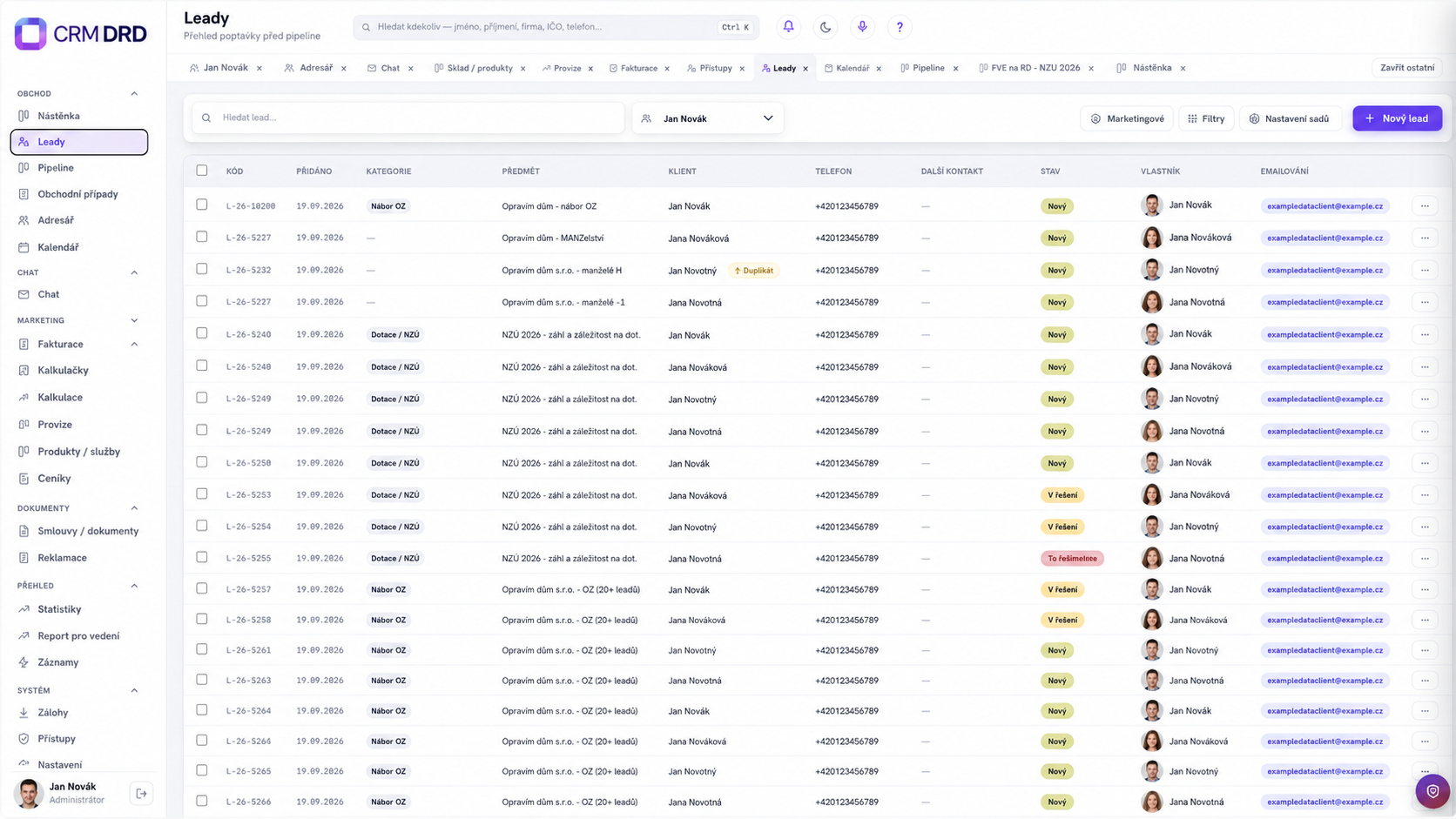 Leady – e-mailing a stav